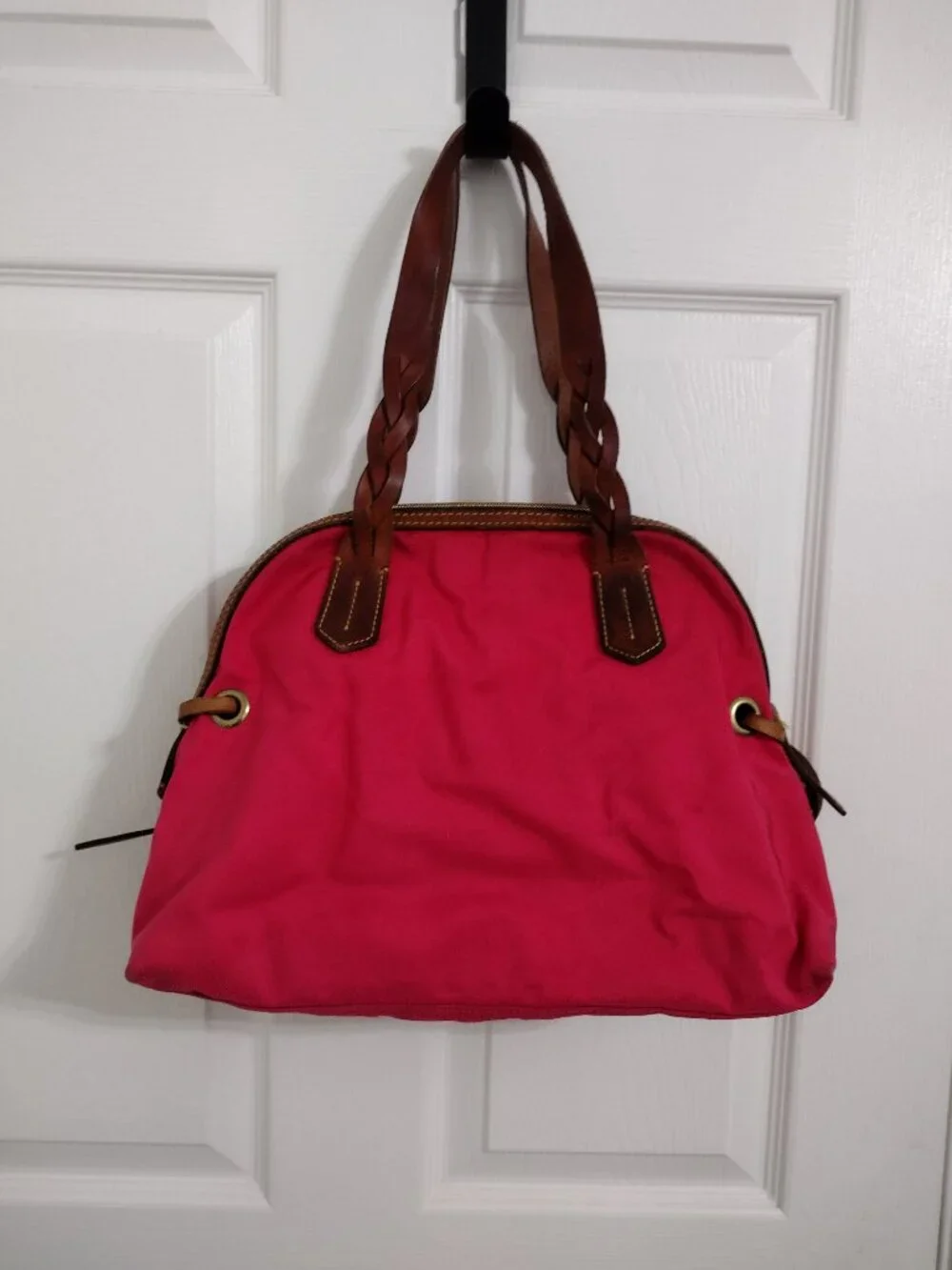 Dooney & Bourke Pink Nylon Satchel Brown Leather Trim Braided Handles Shoulder